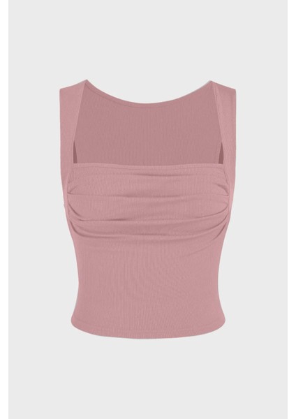 Kadın Drape Kare Yaka Bluz Tozlu Gül Pembesi