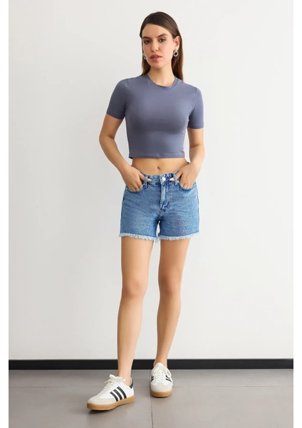 Kadın Bisiklet Yaka Temel Crop Top Grey fiyatları