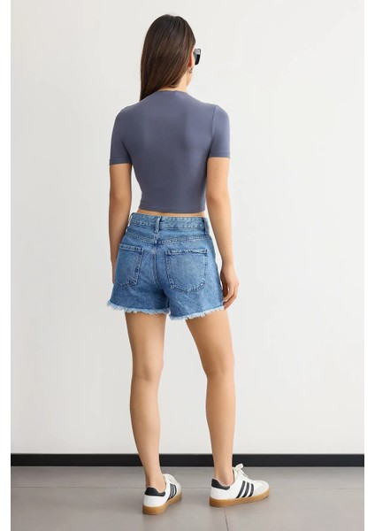 Kadın Bisiklet Yaka Temel Crop Top Grey fırsatları