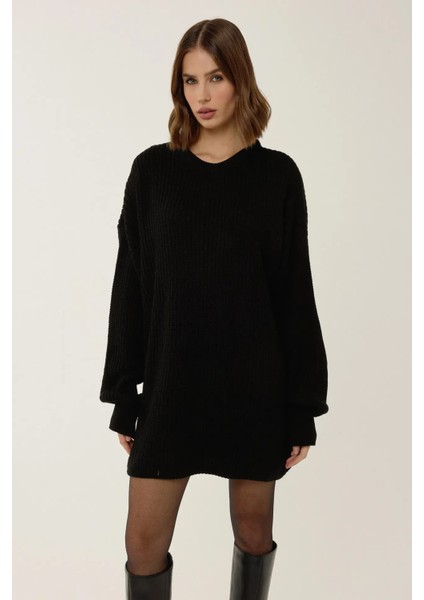 Kadın Relaxed Fit Bisiklet Yaka Mini Triko Elbise Black fiyatları