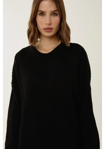 Kadın Relaxed Fit Bisiklet Yaka Mini Triko Elbise Black modelleri