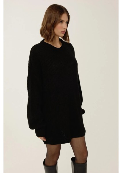 Kadın Relaxed Fit Bisiklet Yaka Mini Triko Elbise Black fırsatları