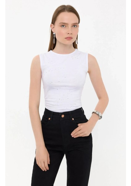 Kadın Kolsuz Pamuk Yuvarlak Yakalı Elmaslı Üst White