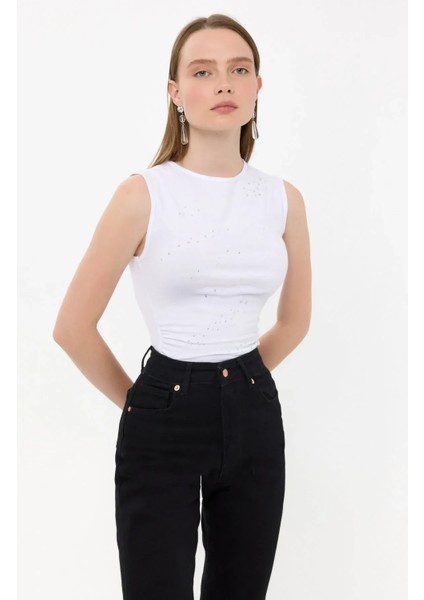 Kadın Kolsuz Pamuk Yuvarlak Yakalı Elmaslı Üst White fırsatları