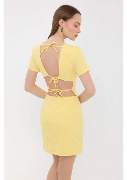 Kadın Sırt Detaylı Kısa Kollu Yuvarlak Yaka Mini Elbise Yellow