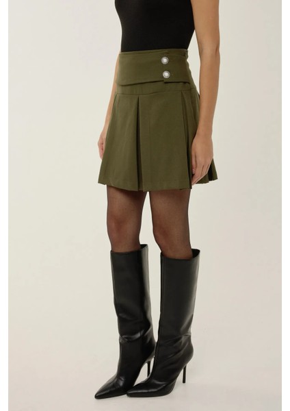 Kadın İnci Detaylı Pileli Mini Etek Green