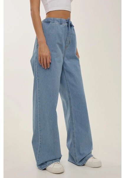 Kadın Bağcıklı Yüksek Bel Geniş Paça Kot Pantolon Maya Mavisi modelleri