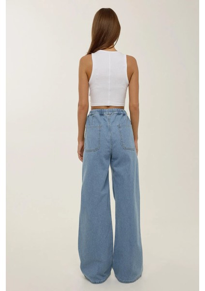 Kadın Bağcıklı Yüksek Bel Geniş Paça Kot Pantolon Maya Mavisi fırsatları