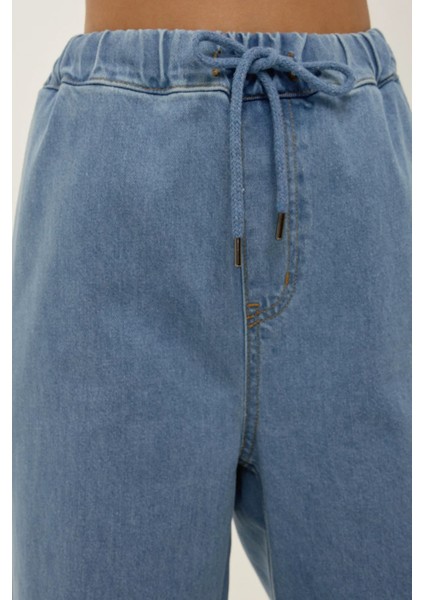 Kadın Bağcıklı Yüksek Bel Geniş Paça Kot Pantolon Maya Mavisi indirimleri