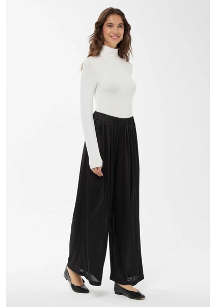Kadın Geniş Paça Lastikli Pantolon Siyah