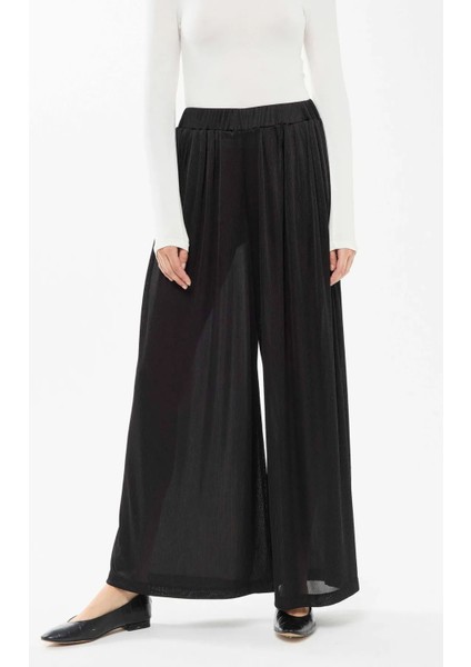 Kadın Geniş Paça Lastikli Pantolon Siyah modelleri