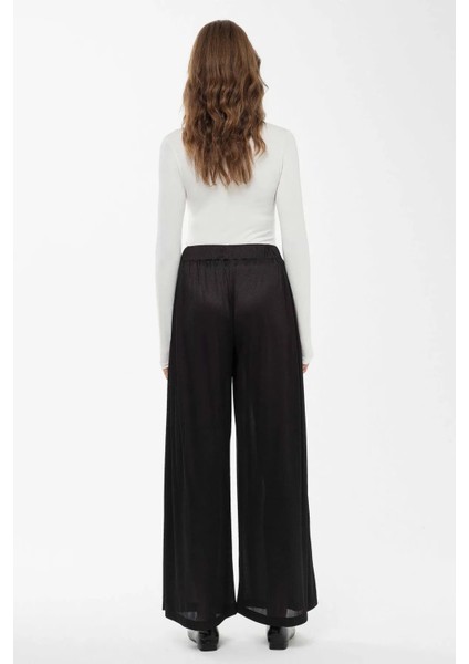 Kadın Geniş Paça Lastikli Pantolon Siyah