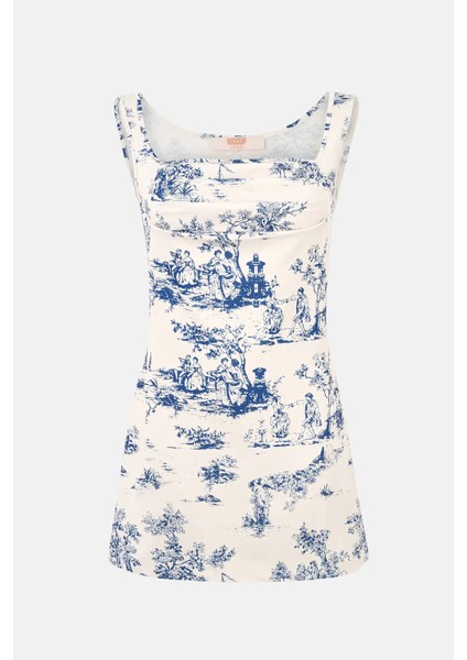 Kadın Kolsuz Baskılı Mini Elbise Peygamber Çiçeği Mavisi