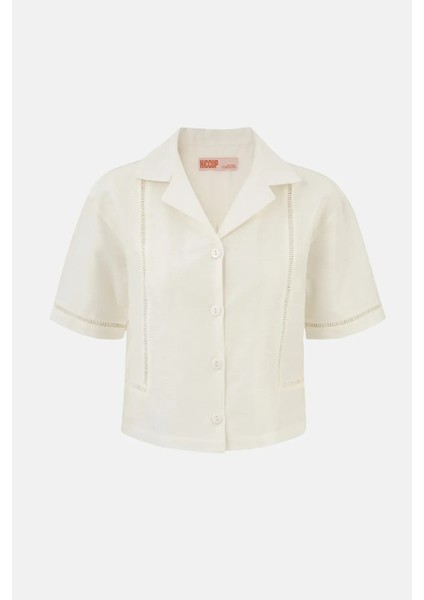 Kadın Kesik Detaylı Keten Kısa Kollu Gömlek Natural fırsatları