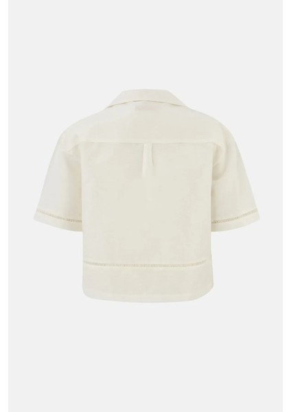 Kadın Kesik Detaylı Keten Kısa Kollu Gömlek Natural indirimleri