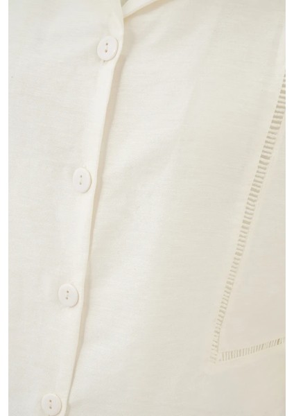 Kadın Kesik Detaylı Keten Kısa Kollu Gömlek Natural