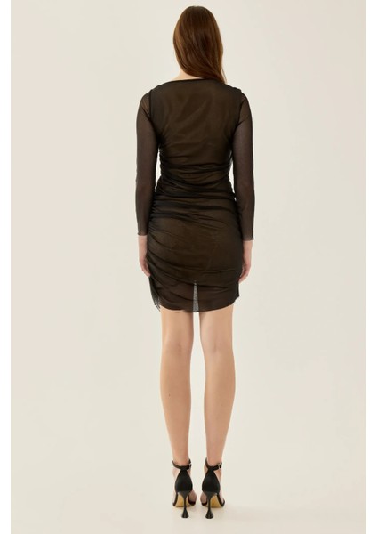 Kadın Uzun Kollu Drapeli Bodycon Mini Elbise Black modelleri