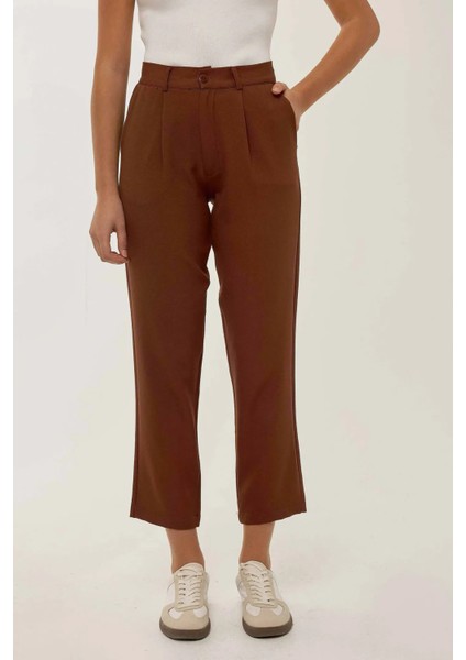 Kadın Yüksek Bel Pileli Boru Paça Pantolon Kestane Kahvesi fiyatları