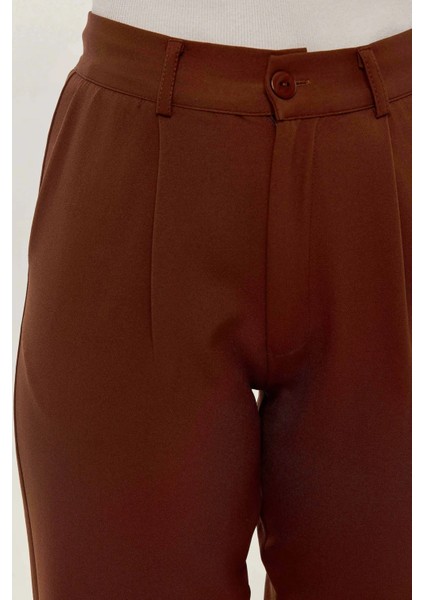 Kadın Yüksek Bel Pileli Boru Paça Pantolon Kestane Kahvesi indirimleri