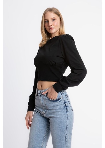Kadın Yuvarlak Yaka Detaylı Uzun Kollu Kırpılmış Üst Siyah fiyatları