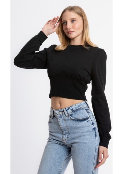Kadın Yuvarlak Yaka Detaylı Uzun Kollu Kırpılmış Üst Siyah modelleri