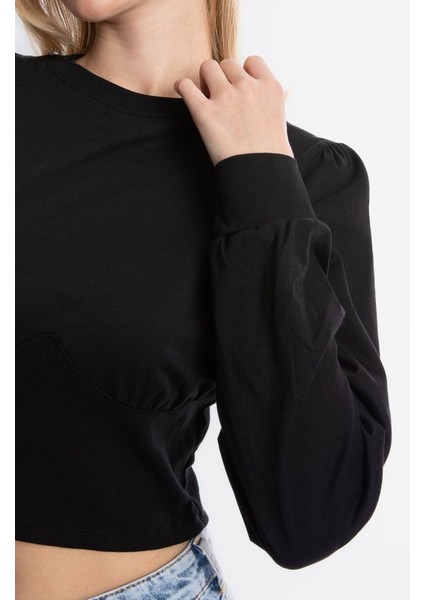 Kadın Yuvarlak Yaka Detaylı Uzun Kollu Kırpılmış Üst Siyah