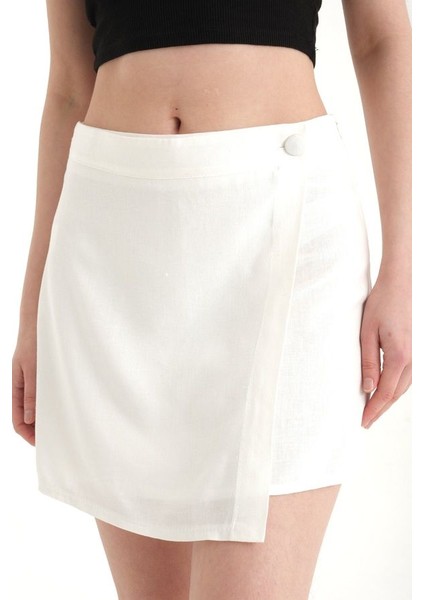 Kadın Düğme Detaylı Ketenden Yüksek Bel Mini Etek Beyaz indirimleri