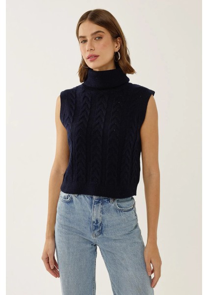 Kadın Saç Örgüsü Desenli Yüksek Yaka Örgü Süveter Kobalt Mavisi