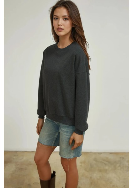 Kadın Oversize Bisiklet Yaka Basic Sweatshirt Gri modelleri