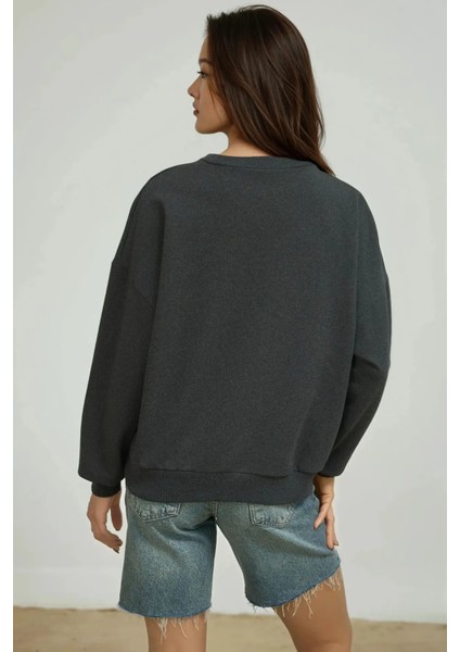Kadın Oversize Bisiklet Yaka Basic Sweatshirt Gri fırsatları