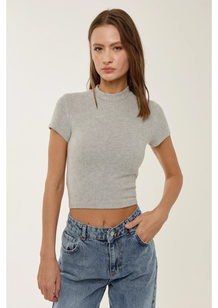 Kadın Slim Fit Triko Crop Bluz Grey