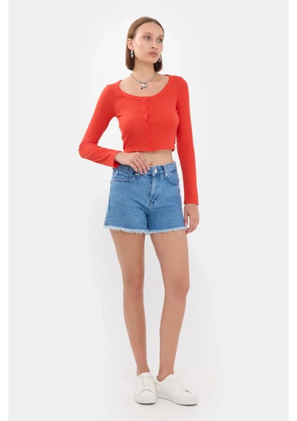 Kadın Düğme Detaylı Yuvarlak Yaka Dokuma Üst Red fiyatları