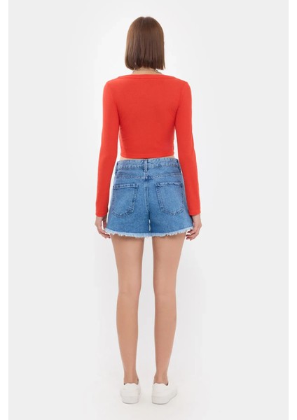 Kadın Düğme Detaylı Yuvarlak Yaka Dokuma Üst Red fırsatları