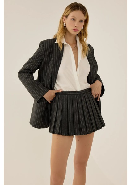 Kadın Parker Çizgili Şort Etek Grey