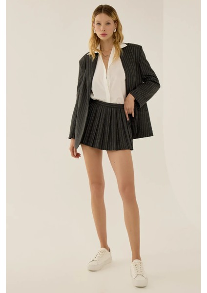 Kadın Parker Çizgili Şort Etek Grey