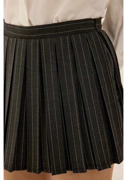 Kadın Parker Çizgili Şort Etek Grey