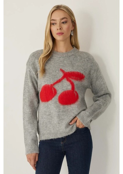 Kadın Relaxed Fit Cherry Desenli Triko Kazak Grey