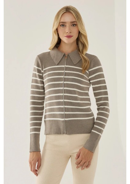 Kadın Çizgili Fermuarlı Gömlek Yaka Hırka Grey