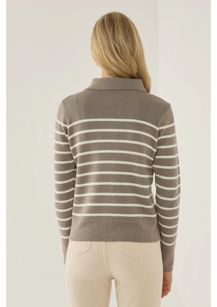 Kadın Çizgili Fermuarlı Gömlek Yaka Hırka Grey fırsatları