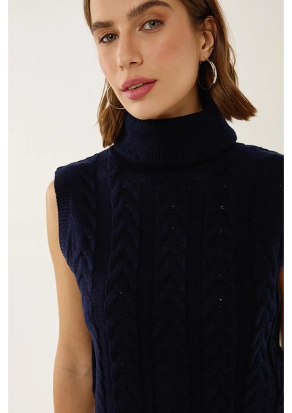 Kadın Saç Örgüsü Desenli Yüksek Yaka Örgü Süveter Kobalt Mavisi fırsatları