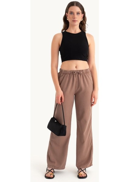 Kadın Yüksek Bel Bağcıklı Düz Bacak Pantolonlar Mocha Kahvesi