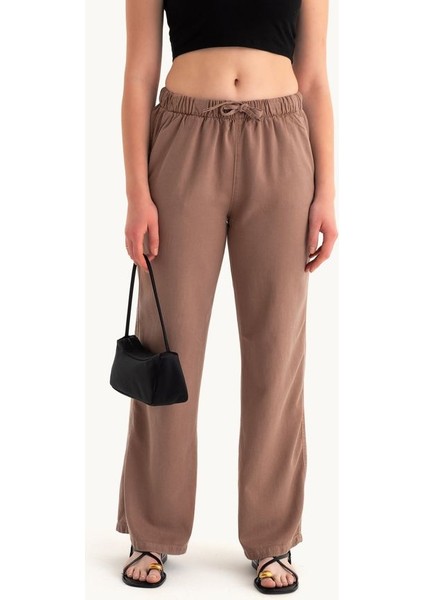 Kadın Yüksek Bel Bağcıklı Düz Bacak Pantolonlar Mocha Kahvesi fiyatları