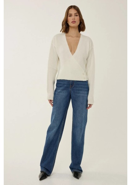 Kadın V Yaka Düğmeli Kruvaze Triko Kazak Natural fiyatları