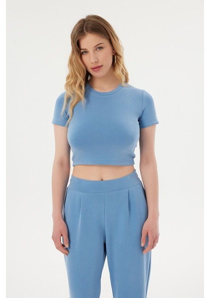 Kadın Yuvarlak Yaka Temel Crop Top Blue