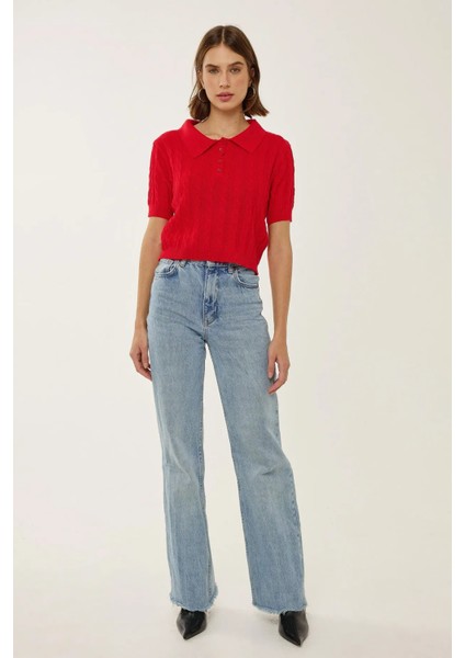 Kadın Saç Örgüsü Desenli Polo Yaka Triko Üst Red fiyatları