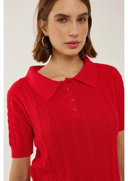 Kadın Saç Örgüsü Desenli Polo Yaka Triko Üst Red fırsatları