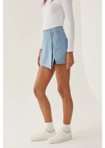 Kadın Yüksek Bel Denim Şort Etek Maya Mavisi