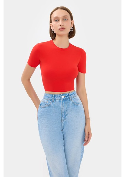 Kadın Bisiklet Yaka Temel Crop Top Kırmızı