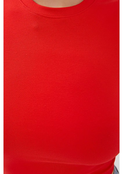 Kadın Bisiklet Yaka Temel Crop Top Kırmızı indirimleri