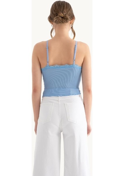 Kadın Dantel Detaylı V Yaka Kırpılmış Tank Top Blue modelleri